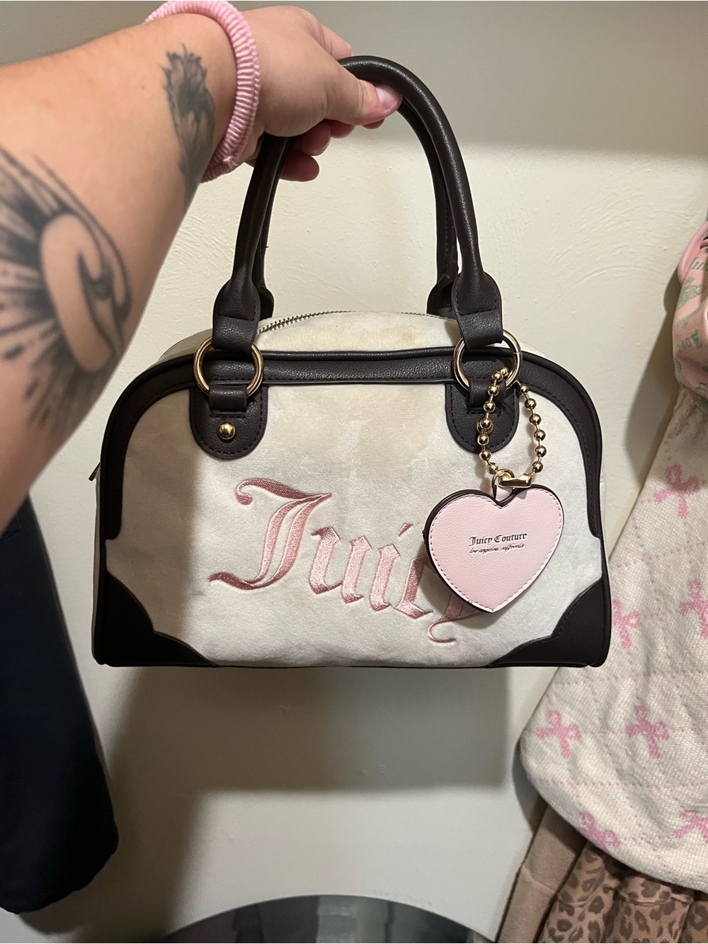 Juicy Couture Cream and Pink Logo Satchel with Dark Trim